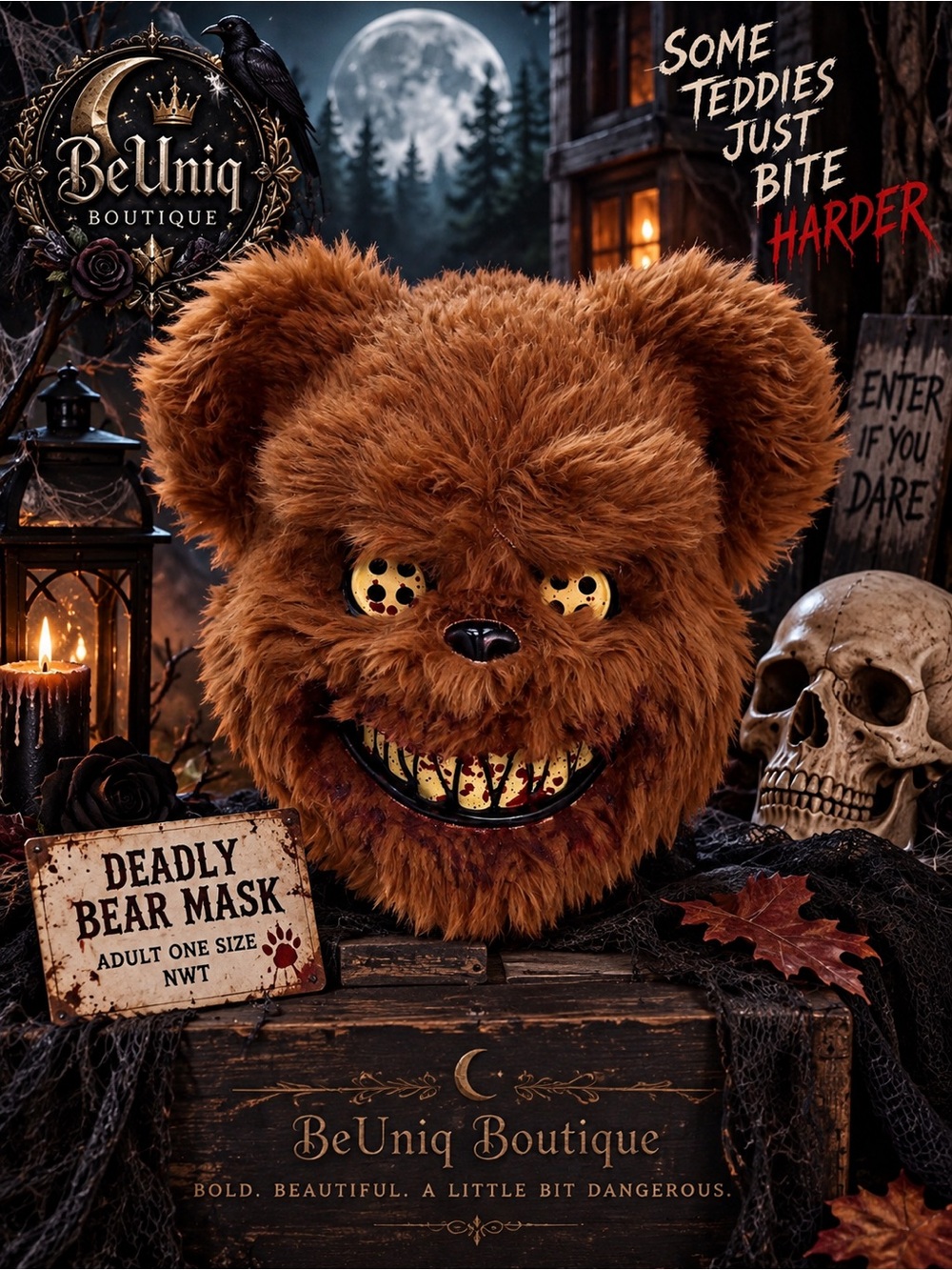Deadly Bear Halloween Adult Mask Creepy Furry Horror Costume NWT